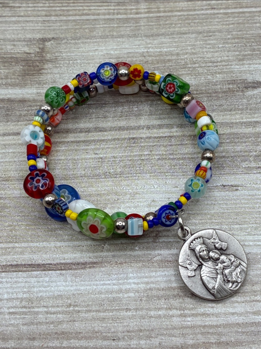 Colorful Millefiori Wrap Bead Bracelet with Our Lady of Perpetual Help Medallion